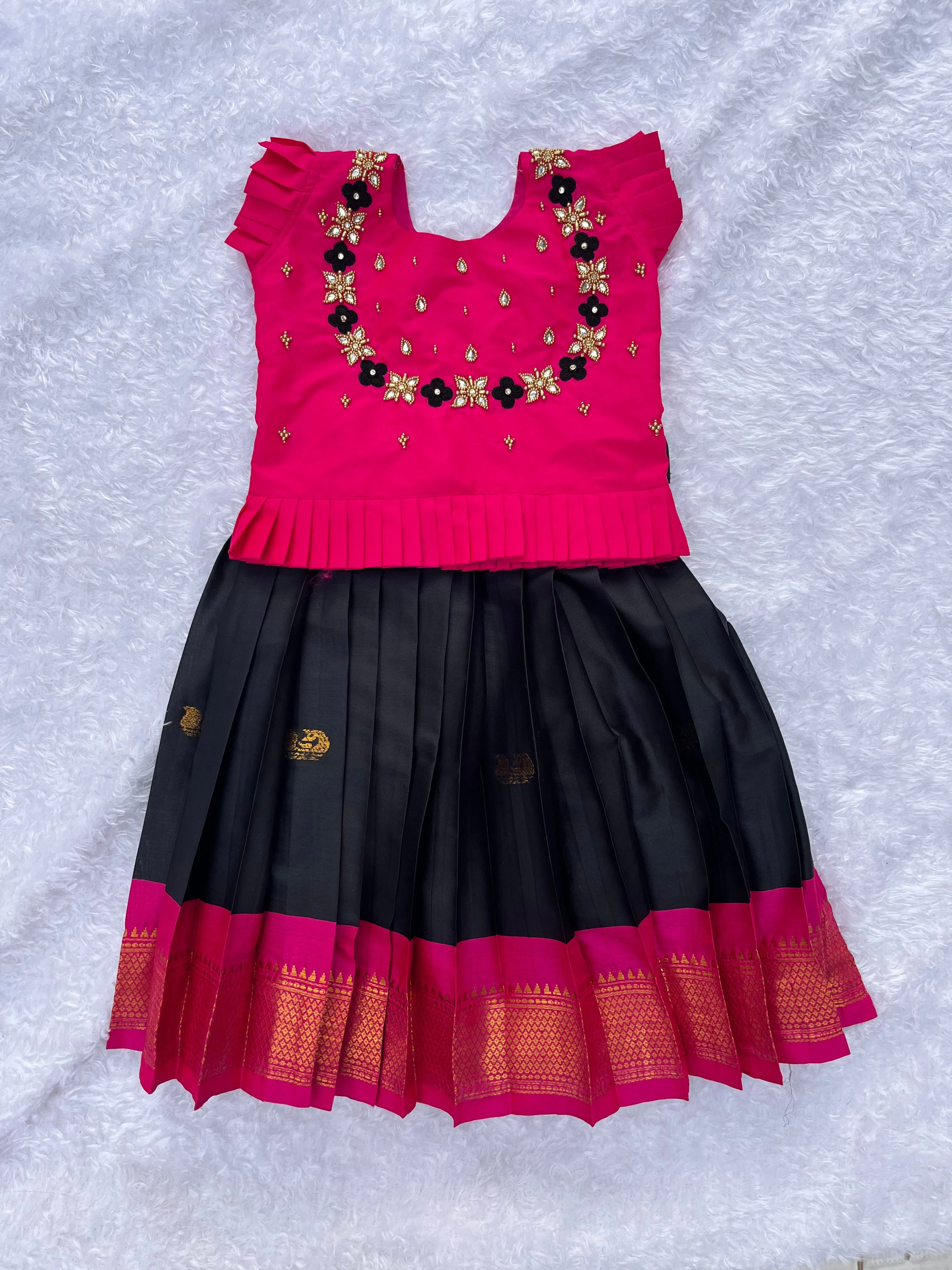 PRE ORDER : The Fusion: Pinkish Red Top with Aari Work & Sleek Black Skirt