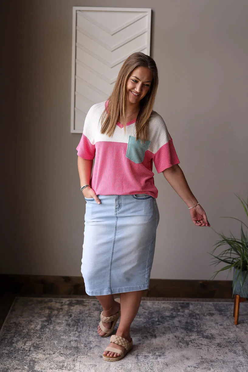 Rose Colorblock V-Neck Corded Top