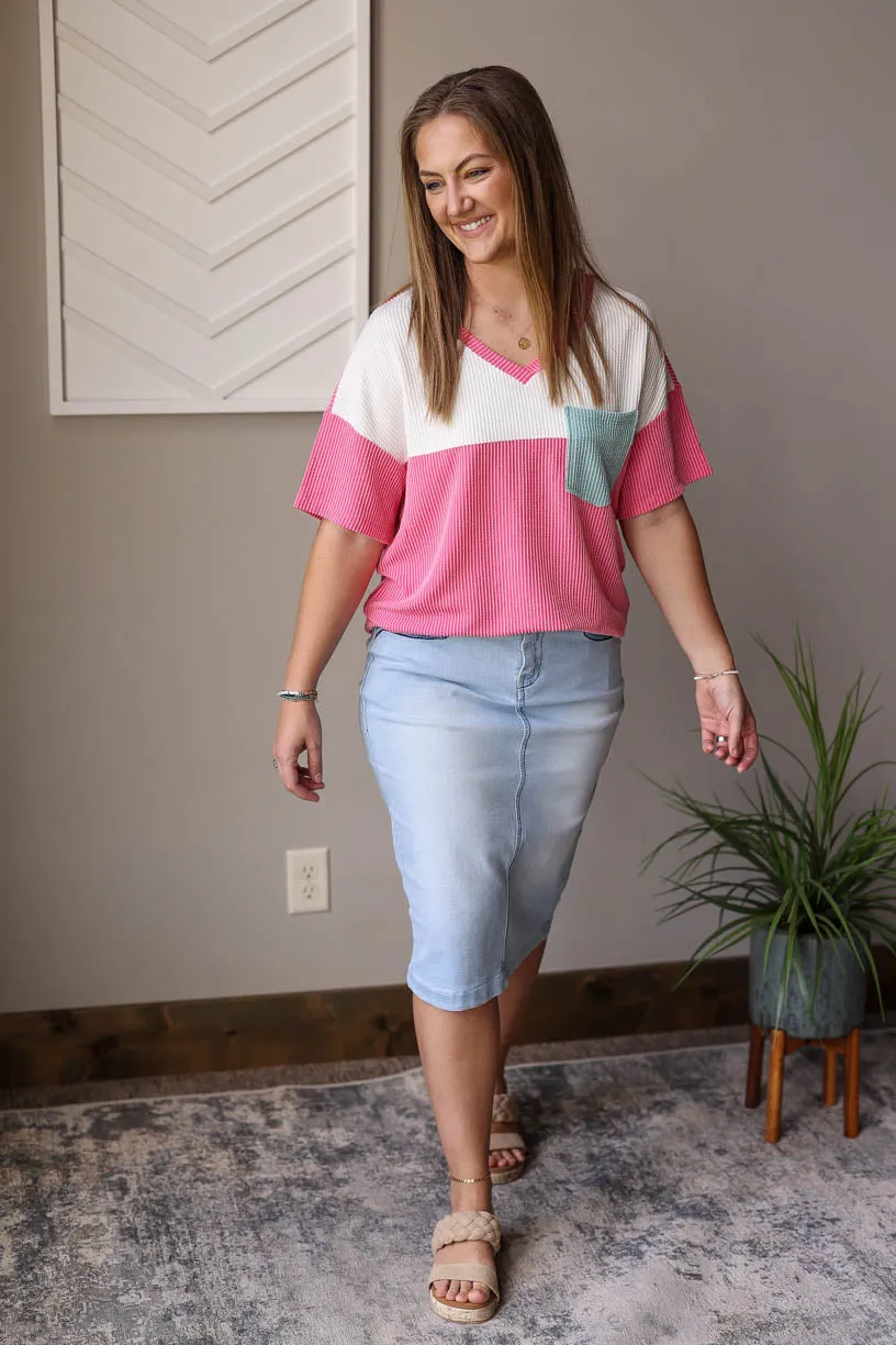 Rose Colorblock V-Neck Corded Top