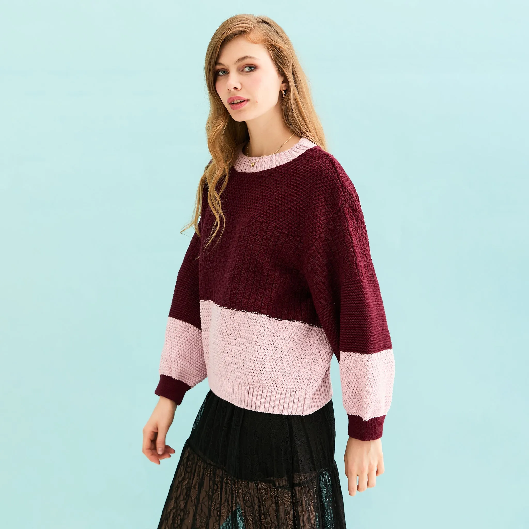 Taz Recycled Cotton Mix Two Tone Jumper - Burgundy