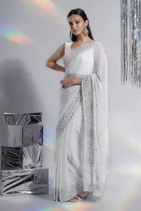 Teejh Daivya Grey Georgette Mirror Work Saree