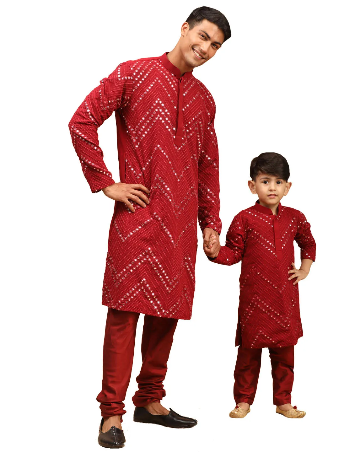 VASTRAMAY Baap Beta Mirror Maroon Kurta Pyjama Set